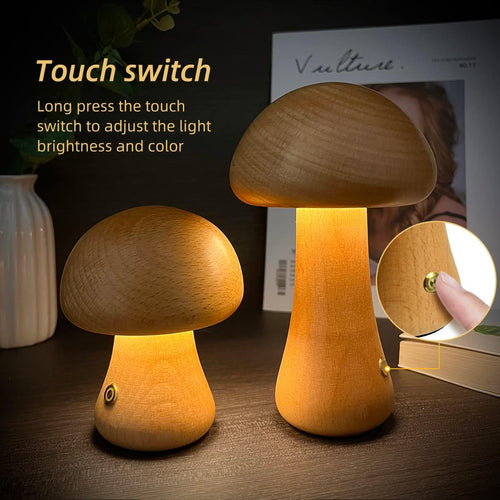 Mushroom LED Night Light | Wooden Touch Lamp for Bedroom & Home Decor